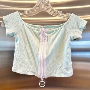 NWT LF Emma and Sam Mint Light Pastel Green Ribbed Crop Top with white zipper